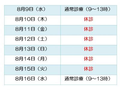 ひなた内科夏季休暇