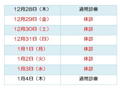 2017-2018年ひなた内科冬季休暇